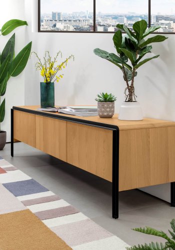 KAVE HOME Nadyria TV-bord, m. 3 l�ger - natur egetr�sfiner og sort st�l (180x43)