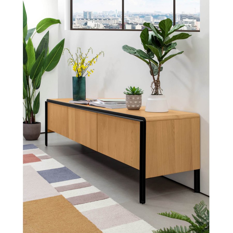 KAVE HOME Nadyria TV-bord, m. 3 l�ger - natur egetr�sfiner og sort st�l (180x43)