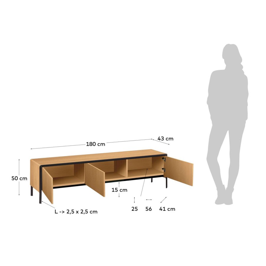 KAVE HOME Nadyria TV-bord, m. 3 l�ger - natur egetr�sfiner og sort st�l (180x43)
