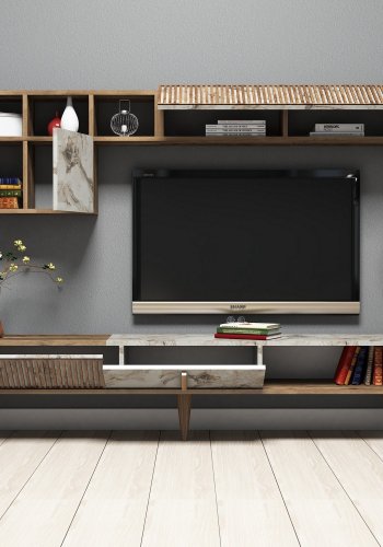 NORDVRK Milan TV-bord og vegghylle - melamin i valntt/hvit marmorlook (sett med 2)