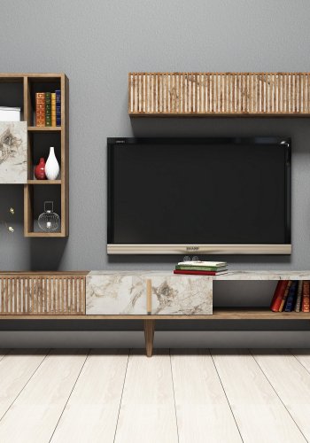 NORDVRK Milan TV-bord og vegghylle - melamin i valntt/hvit marmorlook (sett med 2)