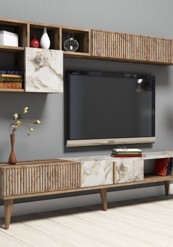 NORDVRK Milan TV-bord og vegghylle - melamin i valntt/hvit marmorlook (sett med 2)