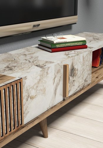 NORDVRK Milan TV-bord og vegghylle - melamin i valntt/hvit marmorlook (sett med 2)