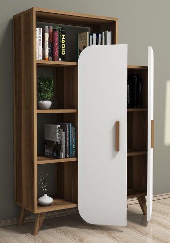 FUNZI LIVING Form Bücherregal, m. 2 Türen und 5 Regalen - Walnuss und weißes Melamin