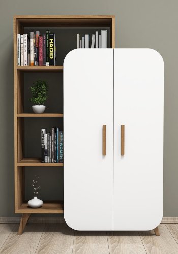 FUNZI LIVING Form Bücherregal, m. 2 Türen und 5 Regalen - Walnuss und weißes Melamin