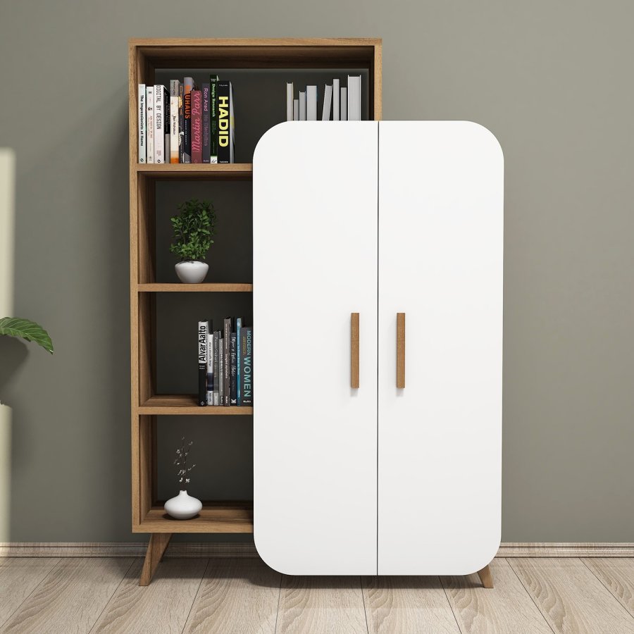 FUNZI LIVING Form Bücherregal, m. 2 Türen und 5 Regalen - Walnuss und weißes Melamin