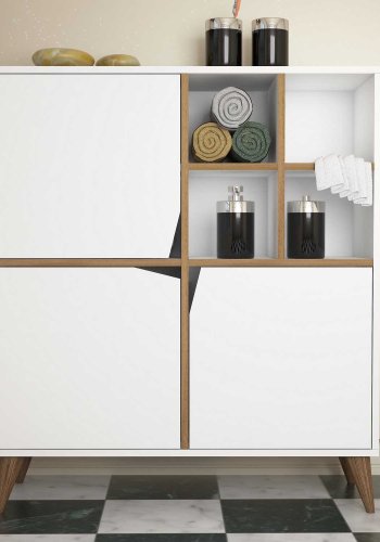 FUNZI LIVING Pulse Badezimmerschrank, m. 3 Türen und Regalen - weißes und walnussfarbenes Melamin