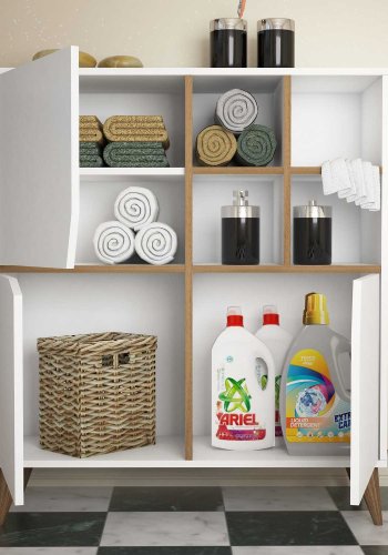 FUNZI LIVING Pulse Badezimmerschrank, m. 3 Türen und Regalen - weißes und walnussfarbenes Melamin