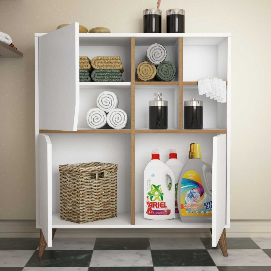 FUNZI LIVING Pulse Badezimmerschrank, m. 3 Türen und Regalen - weißes und walnussfarbenes Melamin