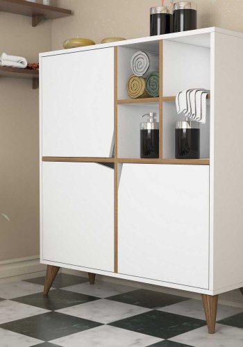 FUNZI LIVING Pulse Badezimmerschrank, m. 3 Türen und Regalen - weißes und walnussfarbenes Melamin