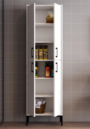 FUNZI LIVING Berlin Badezimmerschrank, m. 4 Türen und 5 Regalen - weißes Melamin und Metall