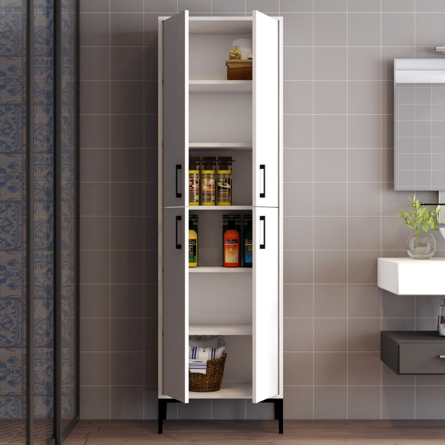 FUNZI LIVING Berlin Badezimmerschrank, m. 4 Türen und 5 Regalen - weißes Melamin und Metall