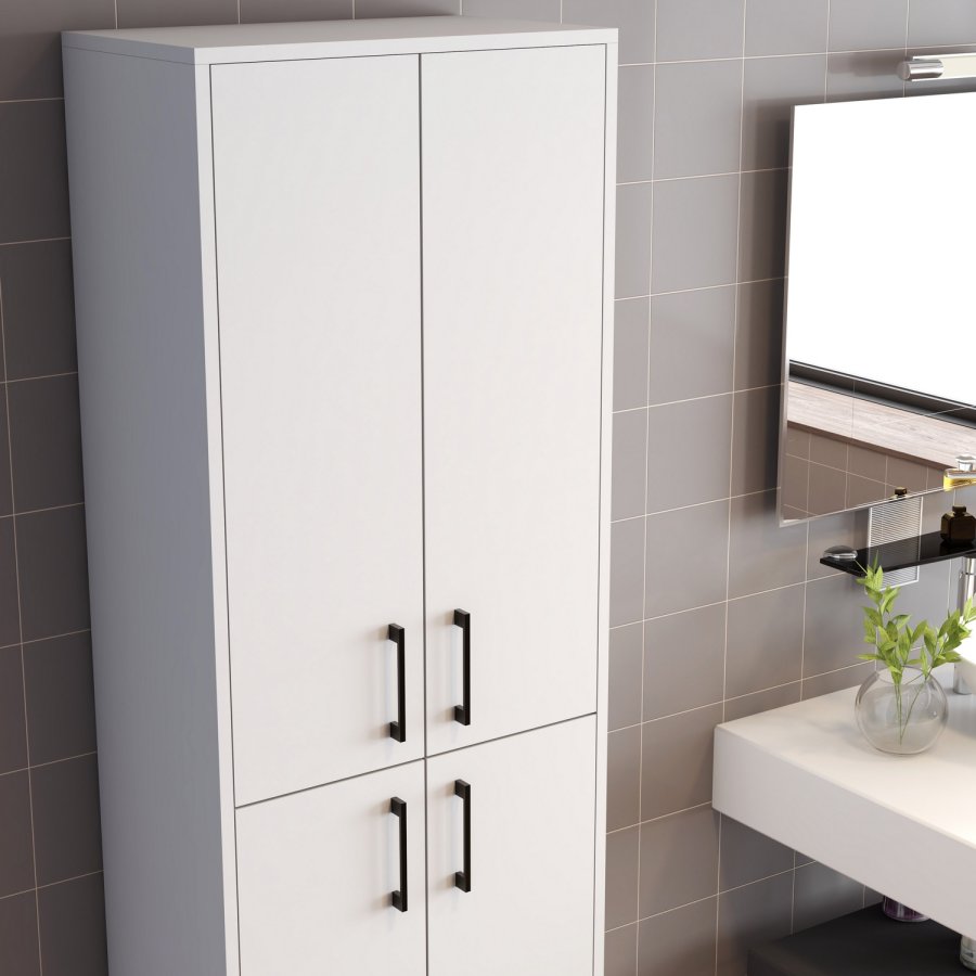 FUNZI LIVING Berlin Badezimmerschrank, m. 4 Türen und 5 Regalen - weißes Melamin und Metall