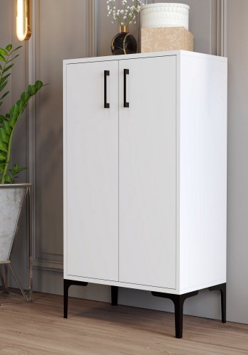 FUNZI LIVING Prag Schuhschrank, m. 2 Türen und 3 Regalen - weißes Melamin und Metall