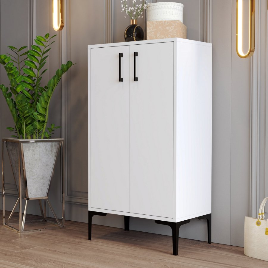 FUNZI LIVING Prag Schuhschrank, m. 2 Türen und 3 Regalen - weißes Melamin und Metall