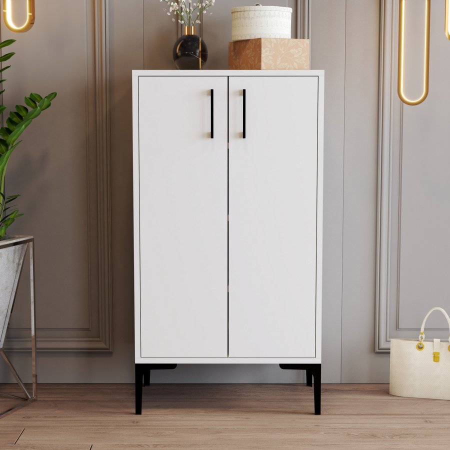 FUNZI LIVING Prag Schuhschrank, m. 2 Türen und 3 Regalen - weißes Melamin und Metall