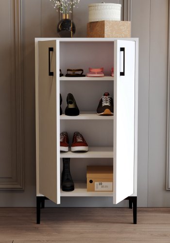 FUNZI LIVING Prag Schuhschrank, m. 2 Türen und 3 Regalen - weißes Melamin und Metall