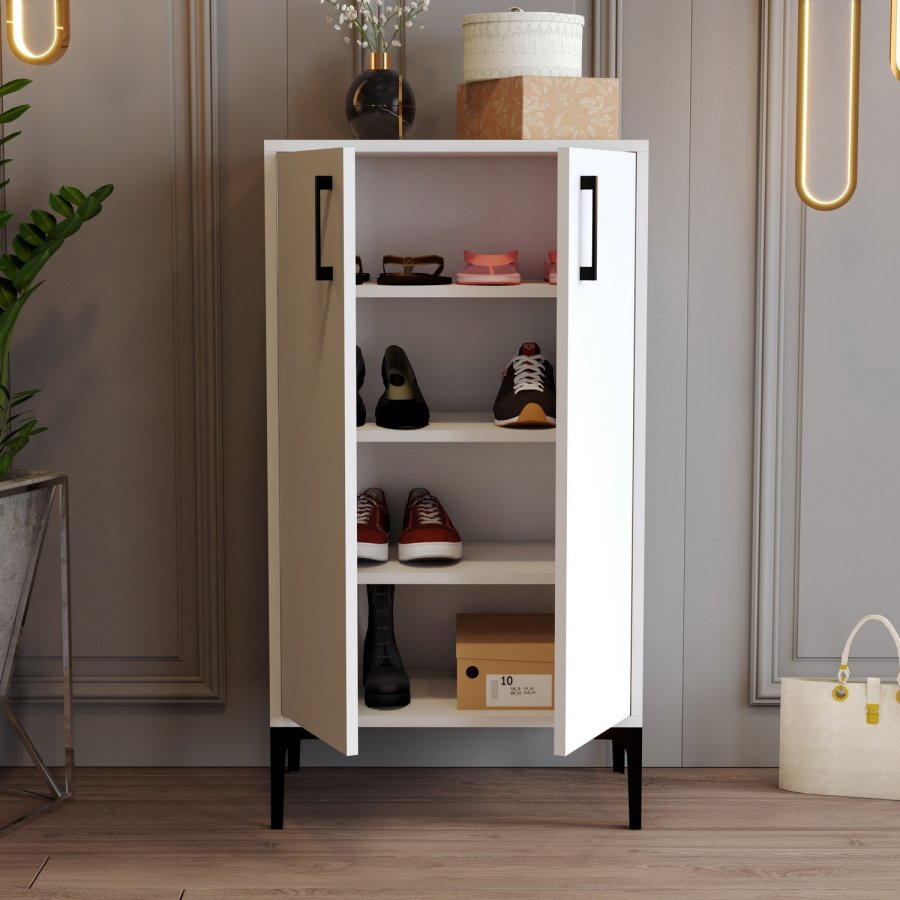 FUNZI LIVING Prag Schuhschrank, m. 2 Türen und 3 Regalen - weißes Melamin und Metall