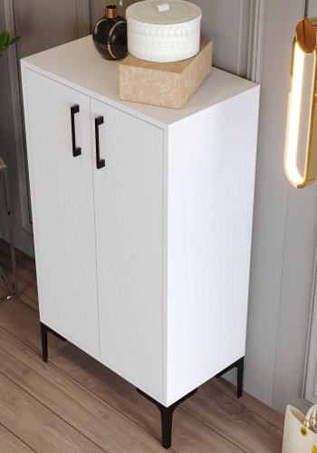 FUNZI LIVING Prag Schuhschrank, m. 2 Türen und 3 Regalen - weißes Melamin und Metall