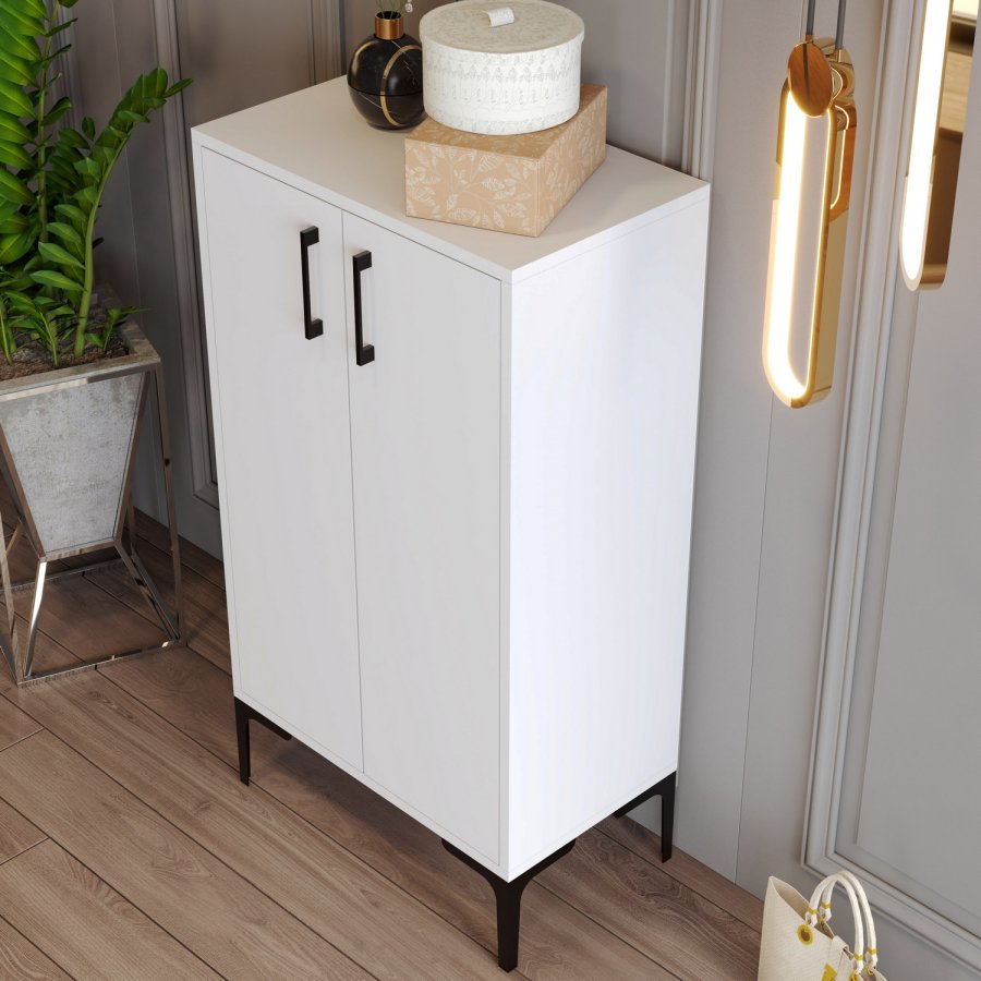 FUNZI LIVING Prag Schuhschrank, m. 2 Türen und 3 Regalen - weißes Melamin und Metall