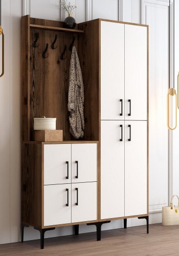 FUNZI LIVING Berlin BA entrsett, med 5 kroker, 8 drer, 7 hyller - valnttfarget og hvit melamin