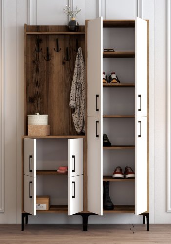 FUNZI LIVING Berlin BA entrsett, med 5 kroker, 8 drer, 7 hyller - valnttfarget og hvit melamin