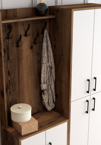 FUNZI LIVING Berlin BA entrsett, med 5 kroker, 8 drer, 7 hyller - valnttfarget og hvit melamin