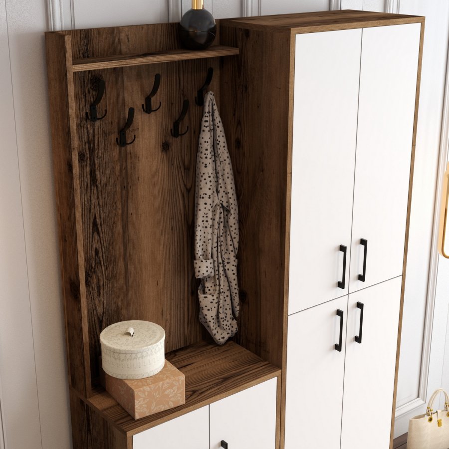 FUNZI LIVING Berlin BA entrsett, med 5 kroker, 8 drer, 7 hyller - valnttfarget og hvit melamin