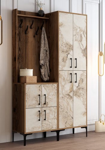 FUNZI LIVING Berlin BA Eingangs-Set, m. 5 Haken, 8 Türen, 7 Einlegeböden - walnussfarben/weißes Marmormelamin