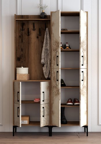 FUNZI LIVING Berlin BA Eingangs-Set, m. 5 Haken, 8 Türen, 7 Einlegeböden - walnussfarben/weißes Marmormelamin