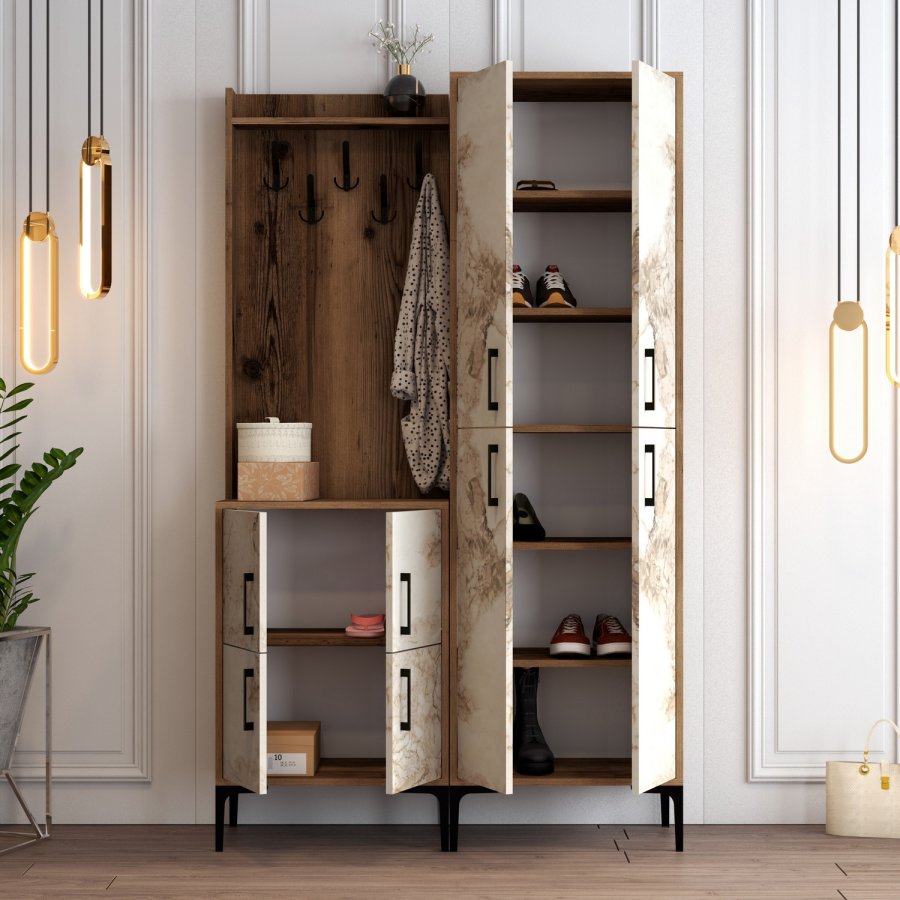 FUNZI LIVING Berlin BA Eingangs-Set, m. 5 Haken, 8 Türen, 7 Einlegeböden - walnussfarben/weißes Marmormelamin