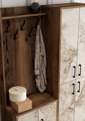 FUNZI LIVING Berlin BA Eingangs-Set, m. 5 Haken, 8 Türen, 7 Einlegeböden - walnussfarben/weißes Marmormelamin