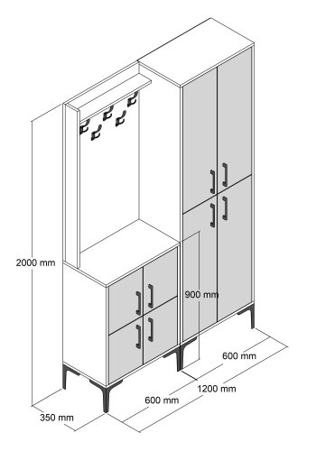 FUNZI LIVING Berlin BA Eingangs-Set, m. 5 Haken, 8 Türen, 7 Einlegeböden - walnussfarben/weißes Marmormelamin
