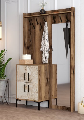 FUNZI LIVING Berlin BC entrsett, med speil, 8 kroker, 2 drer, 2 hyller - valnttfarget/marmor melamin