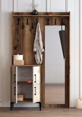 FUNZI LIVING Berlin BC entrsett, med speil, 8 kroker, 2 drer, 2 hyller - valnttfarget/marmor melamin