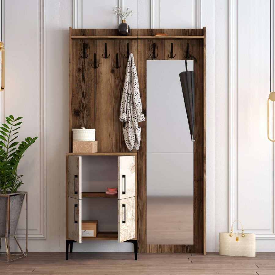 FUNZI LIVING Berlin BC entrsett, med speil, 8 kroker, 2 drer, 2 hyller - valnttfarget/marmor melamin