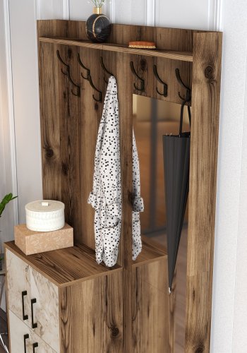 FUNZI LIVING Berlin BC entrsett, med speil, 8 kroker, 2 drer, 2 hyller - valnttfarget/marmor melamin