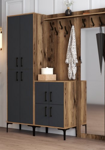 FUNZI LIVING Berlin ABC entrmbel, med spegel, 8 krokar, 8 drrar, 7 hyllor - valnt/antracit melamin