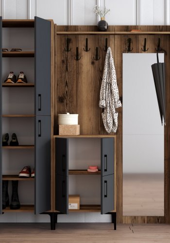 FUNZI LIVING Berlin ABC entrmbel, med spegel, 8 krokar, 8 drrar, 7 hyllor - valnt/antracit melamin