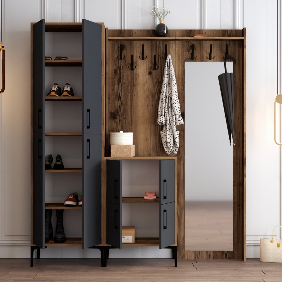 FUNZI LIVING Berlin ABC entrmbel, med spegel, 8 krokar, 8 drrar, 7 hyllor - valnt/antracit melamin