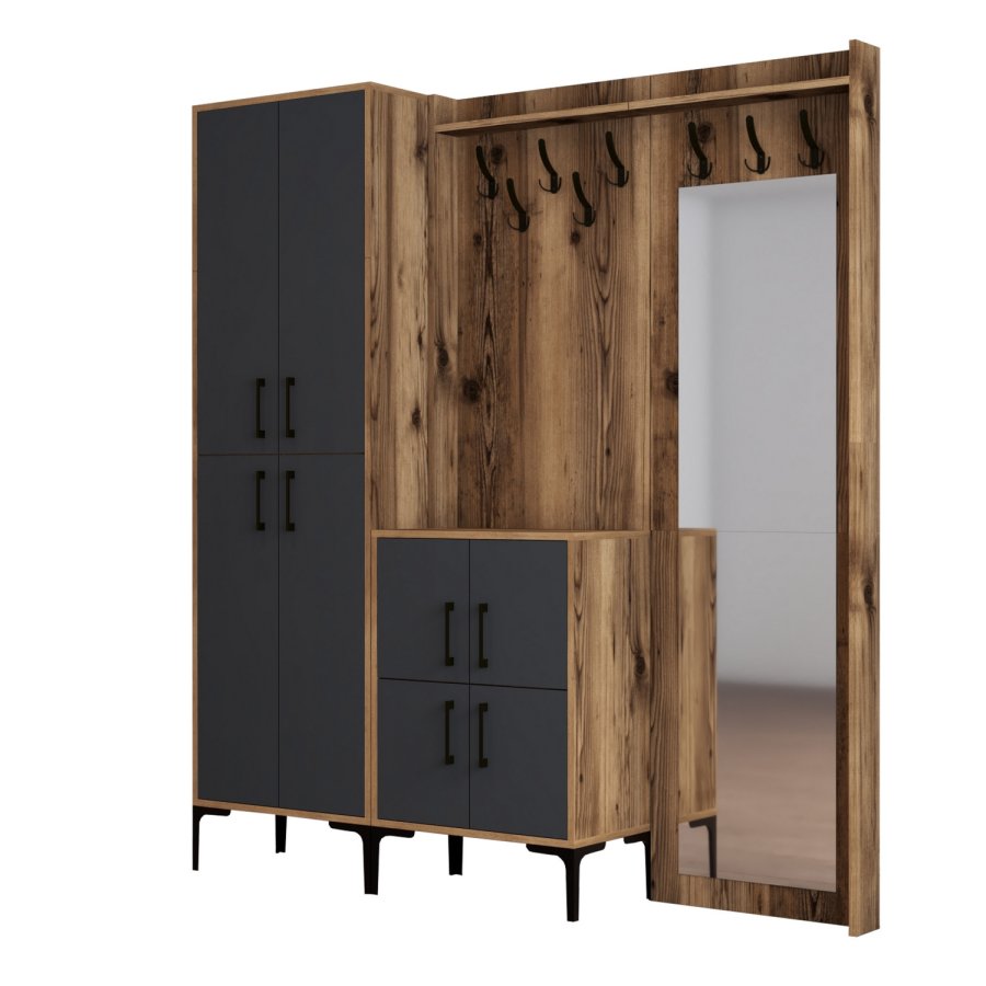 FUNZI LIVING Berlin ABC entrmbel, med spegel, 8 krokar, 8 drrar, 7 hyllor - valnt/antracit melamin