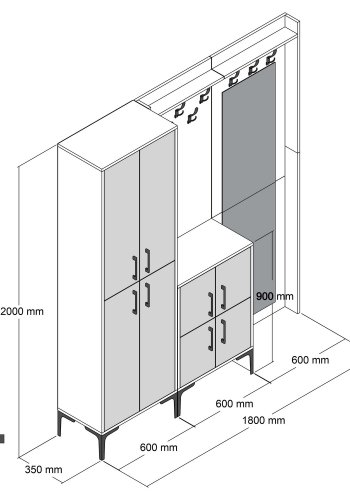 FUNZI LIVING Berlin ABC entrmbel, med spegel, 8 krokar, 8 drrar, 7 hyllor - valnt/antracit melamin