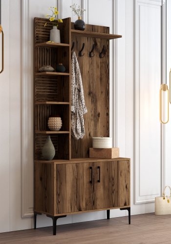 FUNZI LIVING Viyana D entrsett, med 4 kroker, 2 drer og 7 hyller - valnttfarget melamin og metall