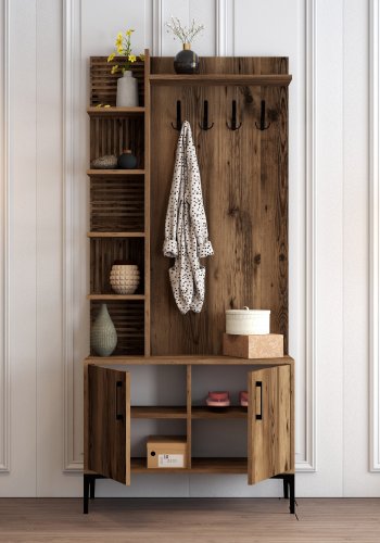 FUNZI LIVING Viyana D entrsett, med 4 kroker, 2 drer og 7 hyller - valnttfarget melamin og metall