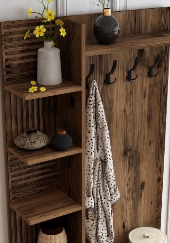 FUNZI LIVING Viyana D entrsett, med 4 kroker, 2 drer og 7 hyller - valnttfarget melamin og metall