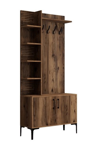 FUNZI LIVING Viyana D entrsett, med 4 kroker, 2 drer og 7 hyller - valnttfarget melamin og metall