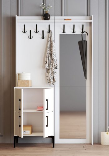 FUNZI LIVING Berlin BC entrsett, med speil, 8 kroker, 2 drer, 2 hyller - hvit melamin og metall