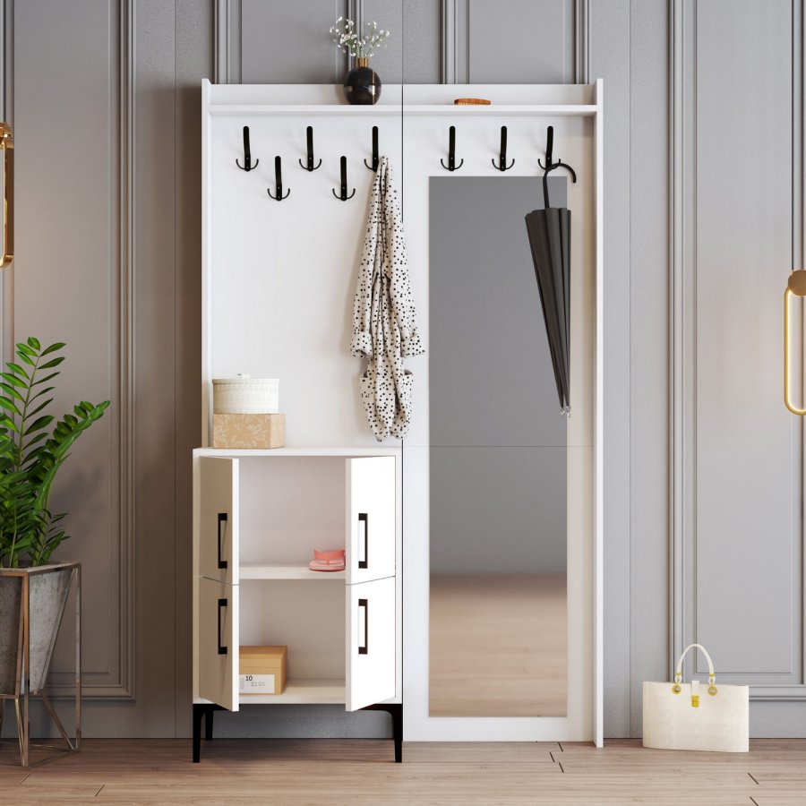 FUNZI LIVING Berlin BC entrsett, med speil, 8 kroker, 2 drer, 2 hyller - hvit melamin og metall