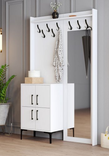 FUNZI LIVING Berlin BC entrsett, med speil, 8 kroker, 2 drer, 2 hyller - hvit melamin og metall