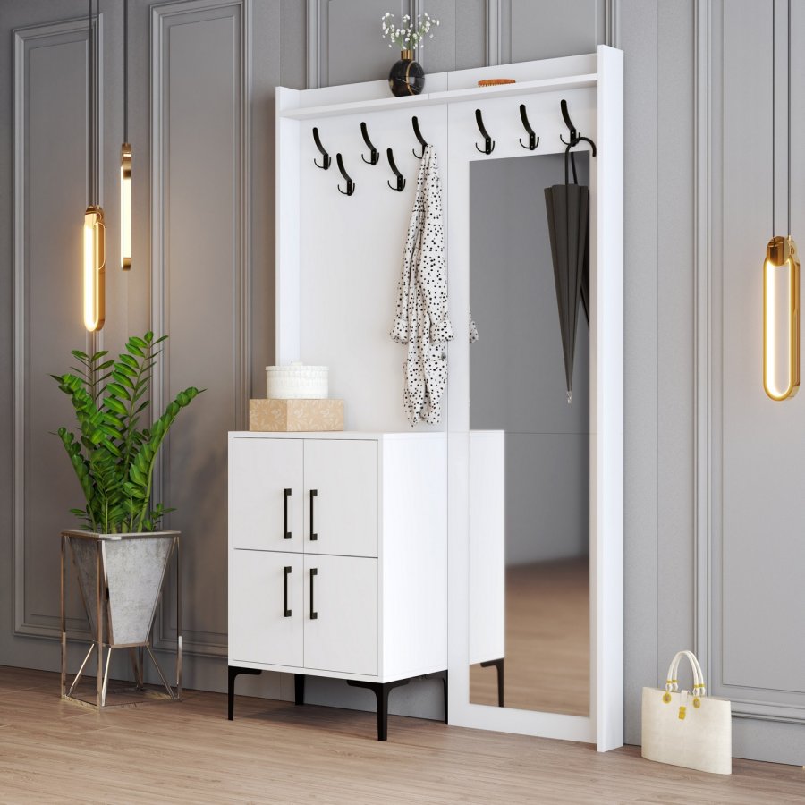 FUNZI LIVING Berlin BC entrsett, med speil, 8 kroker, 2 drer, 2 hyller - hvit melamin og metall